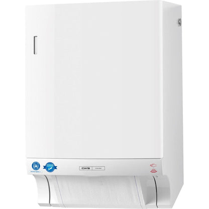 CWS ParadiseLine textilný zásobník na uteráky Dry Slim Non-Touch (biely, 1 kus) je nástenný zásobník na hygienické vydávanie uterákov s viditeľnou závesnou doskou a certifikačnou nálepkou na ľavej dolnej prednej doske.