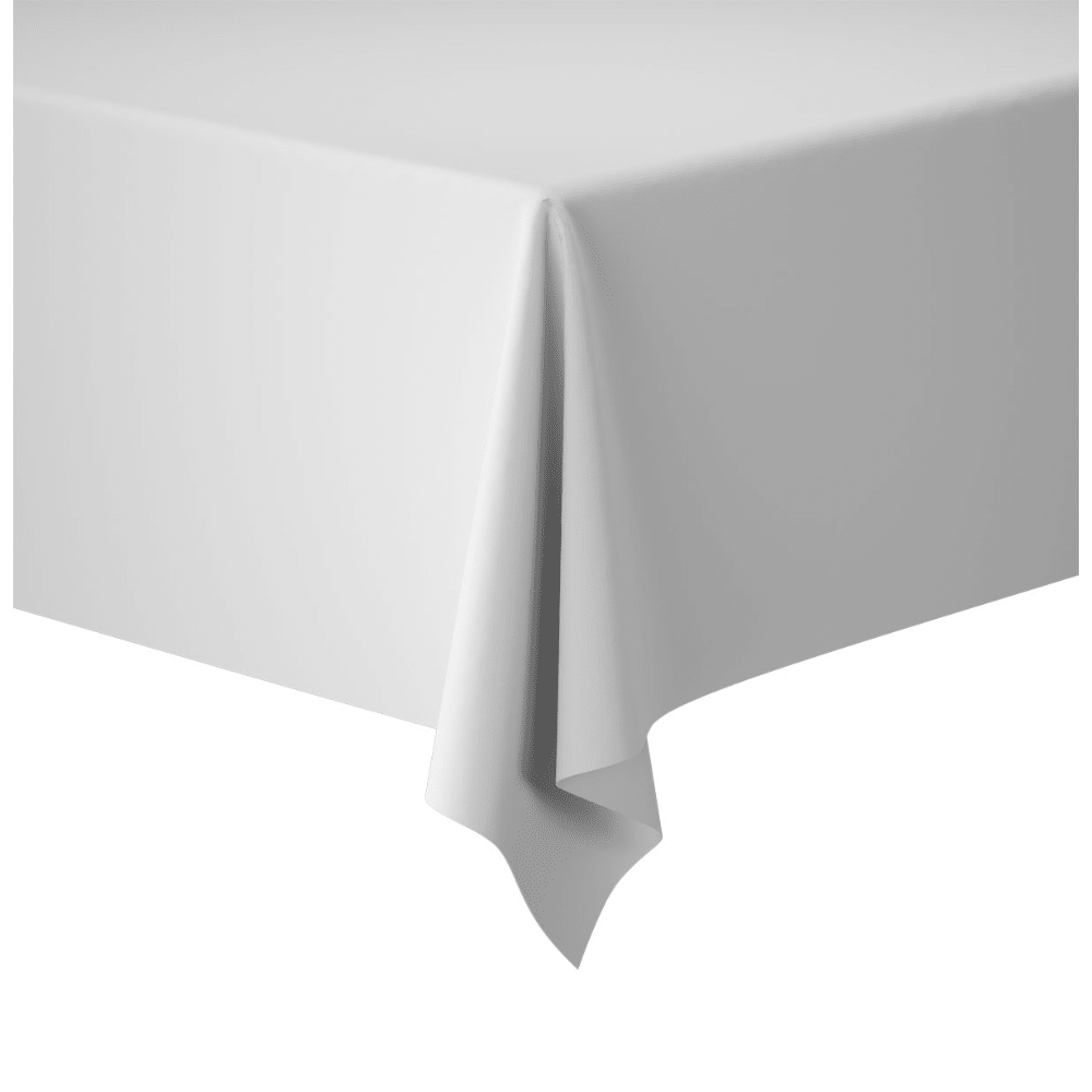 Biela rolka obrusov Dunicel® (1,18 x 10 m) od spoločnosti Duni GmbH visí so svojím látkovým pocitom cez roh stola a mierne visiaci okraj.