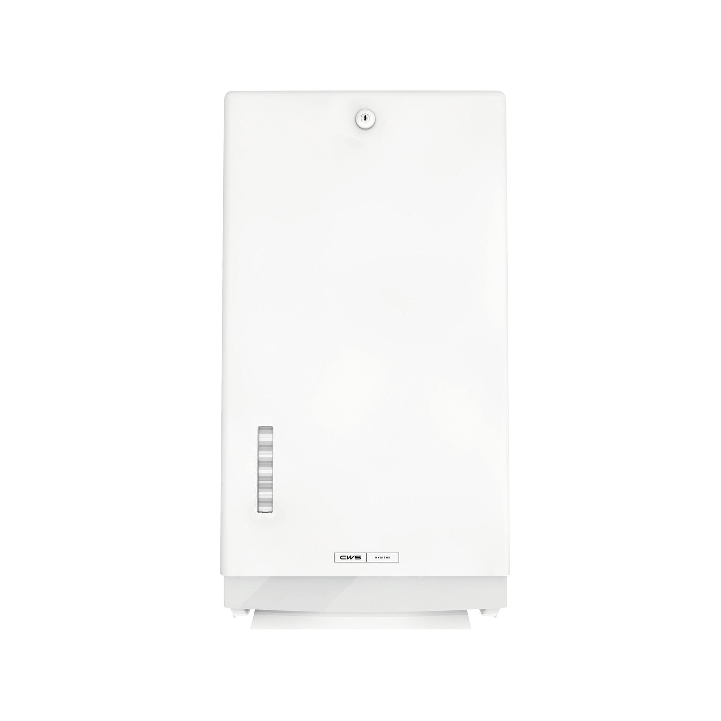 Dávkovač skladaných papierových uterákov CWS ParadiseLine Paper Universal, biely, so zámkom a ľavým priezorom umožňuje hygienické sušenie rúk univerzálnymi papierovými uterákmi.