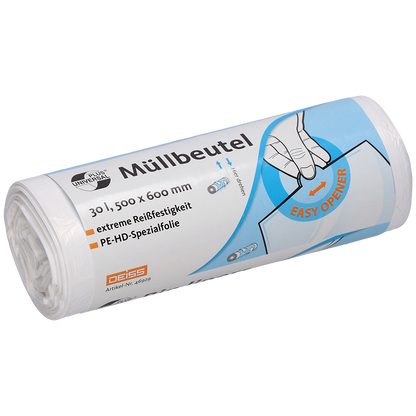 Rolka bielych DEISS odpadových vriec 500x600 mm z HDPE, 30 litrov, od EMIL DEISS KG (GmbH + Co.) s nemeckým textom, ktorý uvádza veľkosť a špecifikácie, s ilustráciou ruky, ktorá zvýrazňuje "EASY OPENER" a s odkazmi na odolné odpadové vrecia.
