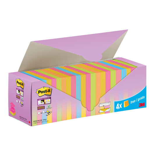 Eine Schachtel mit 3M Post-it® Super Sticky Z-Notes (76x76mm) in verschiedenen Farben, PEFC-zertifiziert, enthält 20 Blöcke plus 4 Gratisblöcke (je 90 Blatt) in einer Kartonverpackung. Werbe-Highlights: zusätzliche Blöcke enthalten.