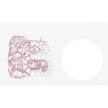 Eine Strichzeichnung zeigt einen Koch an einer Küchentheke mit Lebensmitteln, Utensilien und Dunicel-Lätzchen 40x60cm für Kinder - Speisender Ritter Design (Duni GmbH), links von einem großen leeren weißen Kreis auf einfarbigem Hintergrund. Packung mit 500 Stück.