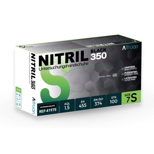 Jedno balenie jednorazových rukavíc Altruan Nitril 350 Black (čierne) od spoločnosti BINGOLD GmbH + Co. KG: veľkosť 7S, bez latexu, nesterilné, bez púdru – 100 kusov v balení s čierno-zeleným dizajnom.