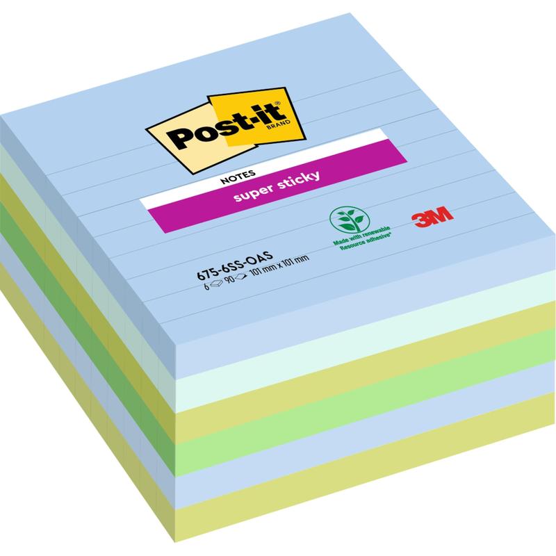 Stoh veľkých Post-it® Super Sticky Notes (101 x 101 mm, 90 listov, 100% PEFC) od 3M Deutschland GmbH. Horný list je opatrený značkou a certifikáciou lesného hospodárstva.