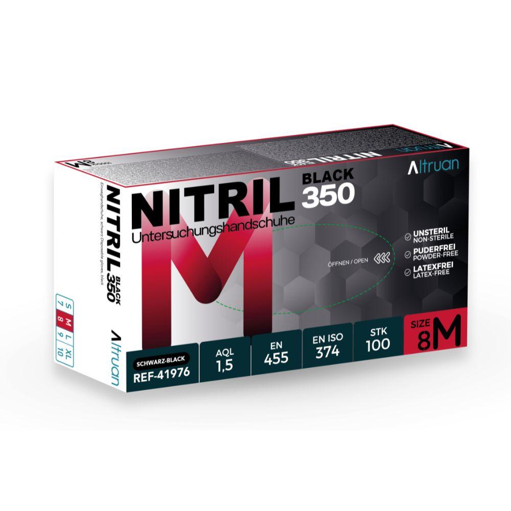 Krabica Altruan Nitril 350 Black jednorazové rukavice, čierne, od BINGOLD GmbH + Co. KG. Balenie je čierno-červeno-biele a popisuje bezlatexové nitrilové rukavice v nemčine a angličtine. Veľkosť 8 M.