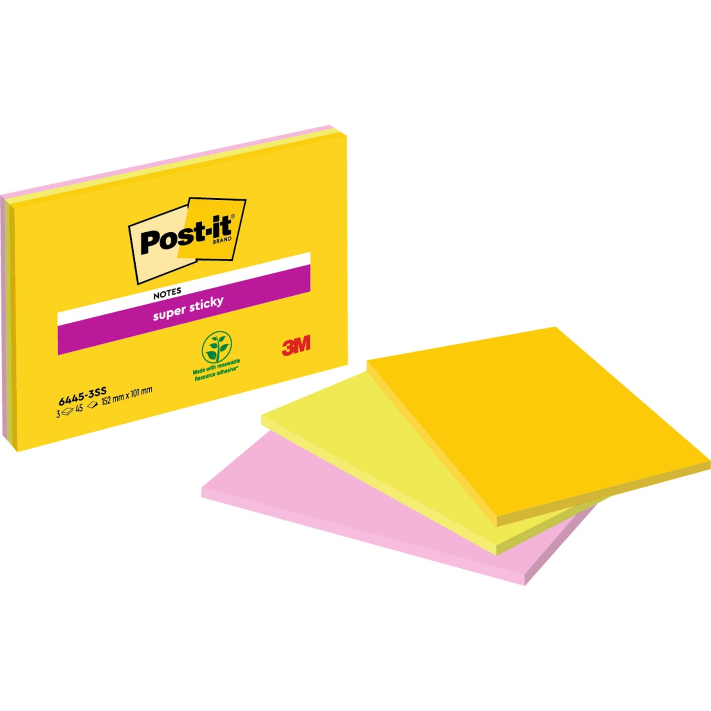 Eine Packung Post-it® Super Sticky Notes im Großformat von 3M Deutschland GmbH liegt neben drei Stapeln gelber und pinker Haftnotizen. Die Verpackung zeigt das 3M-Logo, ein Symbol für pflanzenbasierten Klebstoff und 100% PEFC.
