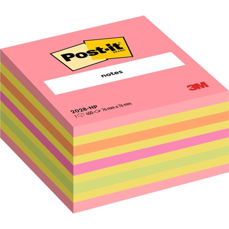 Kocka s 450 listami Post-it® Notes (76 x 76 mm) od 3M Deutschland GmbH, s ružovými, žltými a zelenými poznámkami. Kód produktu: 2028-NP. Vyrobené zo 100% PEFC-certifikovaného papiera.
