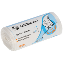 Eine transparente Rolle der EMIL DEISS KG (GmbH + Co.) DEISS 49903 Müllbeutel (540x580 mm, 100 Stück) mit blau-orangem Etikett zeigt eine Hand bei der Bedienung des Easy Openers; das Etikett verweist auf 33L Fassungsvermögen und hohe Reißfestigkeit für den praktischen Einsatz.