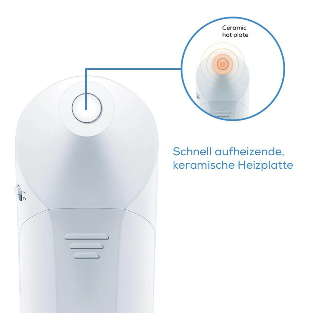 Detailný záber na výbehový produkt: Beurer liečiteľ bodnutí hmyzom BR 60 od Beurer GmbH ukazuje jeho okrúhlu keramickú vykurovaciu platňu, ktorá je ideálna na ošetrenie bodnutí hmyzom. Vložený prvok zdôrazňuje platňu. Nemecký text: "Rýchlo sa zahrievajúca keramická vykurovacia platňa."