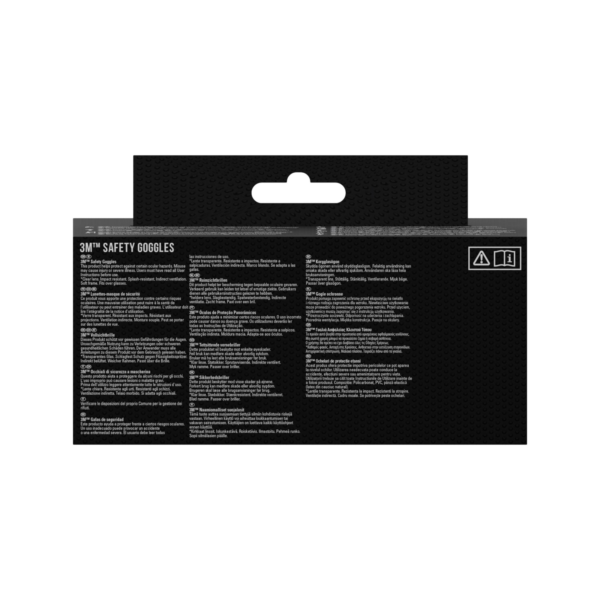 Rückseite der Verpackung der 3M™ Classic Schutzbrille 4800 (von 3M Deutschland GmbH) in Schwarz mit mehrsprachigen Sicherheits- und Warnhinweisen in Weiß sowie zwei kleinen Sicherheitssymbolen oben rechts.