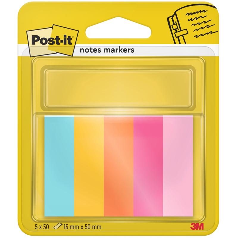 Balenie záložiek Post-it® Page Marker (15 mm x 50 mm, 50 listov/blok, 100% PEFC) od 3M Deutschland GmbH obsahuje päť farebných záložiek vo farbách modrá, žltá, oranžová, ružová a svetloružová v priehľadnom držiaku na žltom značkovom obale.