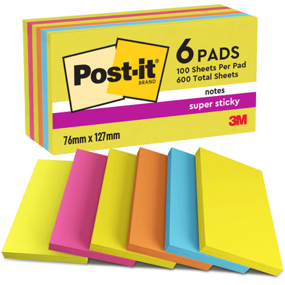Šesť 3M Post-it® Notes blokov z Energetic Collection, 76 x 127 mm, 100 listov na blok, farebne zoradené, PEFC certifikované (SGSCH-PEFC-COC-110078), 6 blokov na balenie.