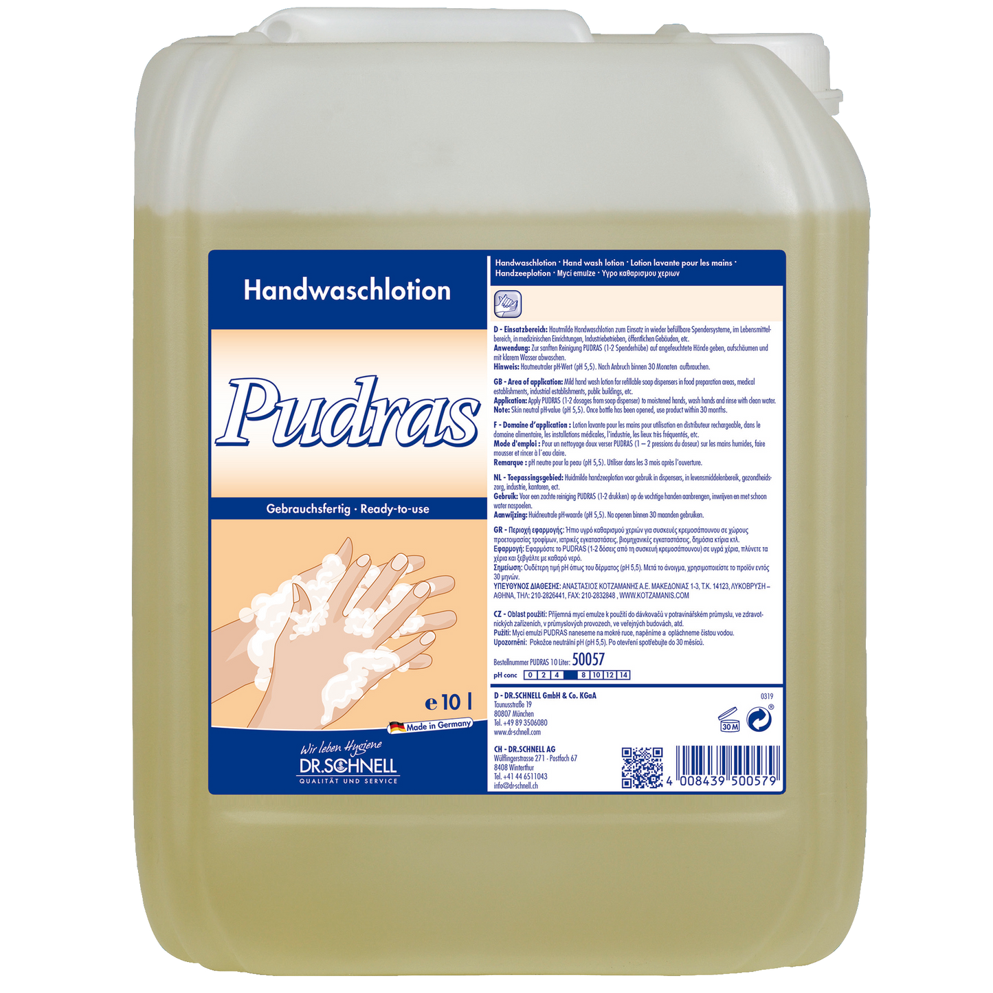 Der 10-Liter-Dr. Schnell PUDRAS ohne Duft und Farbstoffe der DR.SCHNELL GmbH & Co. KGaA ist hypoallergen, hautschonend und wird in einem blau-weiß beschrifteten Behälter mit Anwendungshinweisen und Handwaschbildern geliefert.