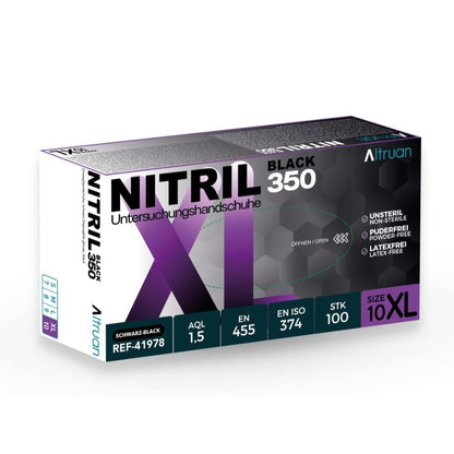 Krabica BINGOLD Altruan Nitril 350 Black jednorazové rukavice - nesterilné, bezlatexové, bezpudrové čierne vyšetrovacie rukavice. Každá krabica obsahuje 100 kusov v čiernom, bielom a fialovom balení.