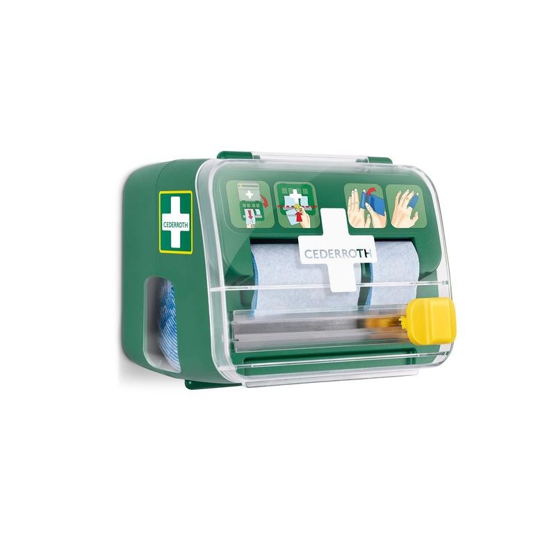 Cederroth penový obväz 2-v-1 dávkovač od Orkla Wound Care AB je zeleno-biela nástenná sada s priehľadným krytom, ktorá obsahuje obväzový materiál (6 kusov) a má obrázkový návod na prednej strane.