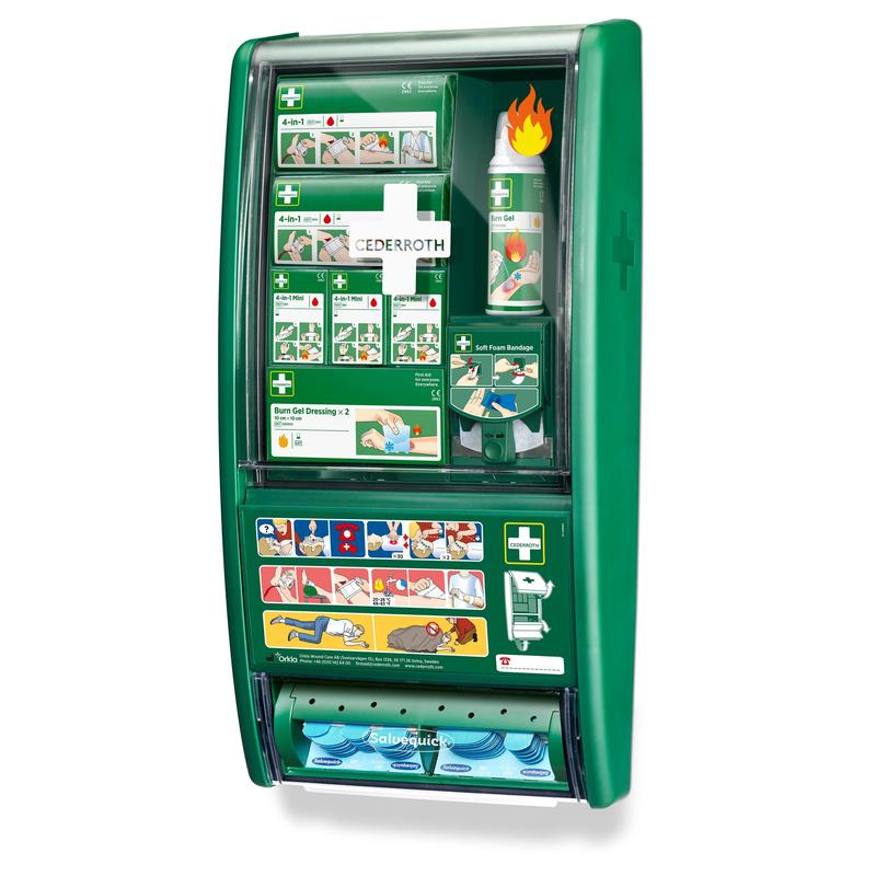 Stanica prvej pomoci a popálenín Cederroth od Orkla Wound Care AB je zelená, na stene namontovaná stanica prvej pomoci s priehradkami na gél na popáleniny, bandáže, mäkké penové obväzy a ilustrovaným návodom na prednej strane.