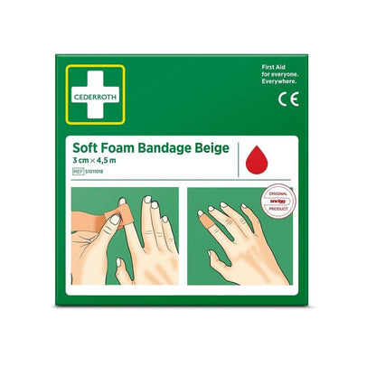 Zelená škatuľa s nápisom "Cederroth soft foam binde beige 3x450cm | Balenie (1 kus)" od Orkla Wound Care AB, s návodom na obväz prsta, červeným symbolom kvapky a textom: "Prvá pomoc pre všetkých. Všade.
