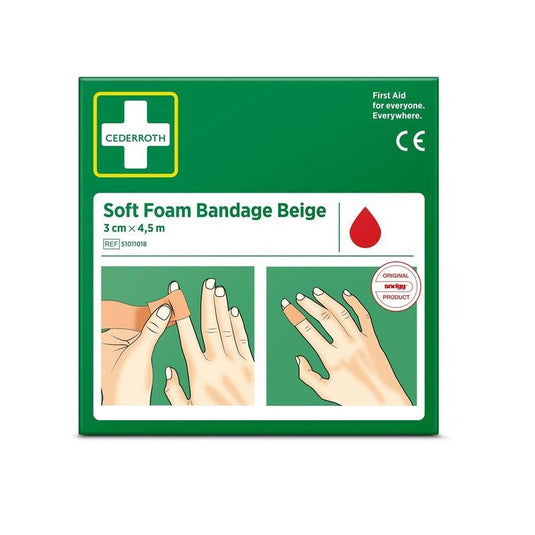 Zelená krabička s nápisom „Cederroth soft foam obväz béžový 3x450 cm | balenie (1 kus)“ od spoločnosti Orkla Wound Care AB, s návodom na obväzovanie prsta, červeným symbolom kvapky a textom: „Prvá pomoc pre všetkých. Všetade.“