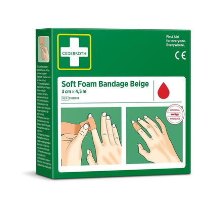 Zelená škatuľa od Orkla Wound Care AB Cederroth soft foam binde beige 3x450cm (1 kus) zobrazuje ilustrovaný návod na obväz prsta, biely kríž a detaily produktu na obale.