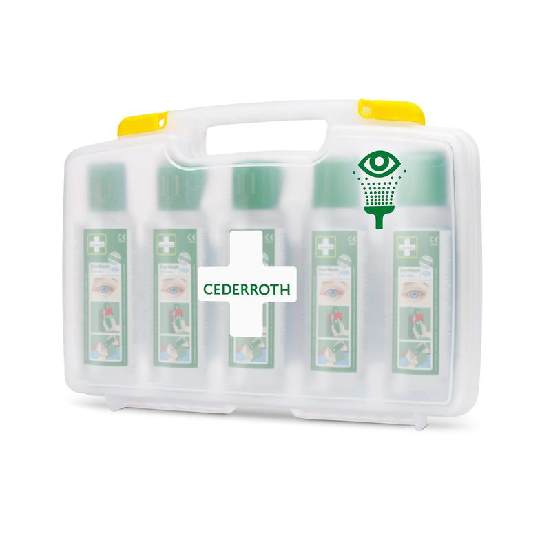 Očná sprcha Cederroth od Orkla Wound Care AB (5x500ml) v prenosnom puzdre, REF 7255, pozostáva z bieleho plastového kufra s rukoväťou, priehľadnou prednou stranou, zeleným krížom a symbolom očnej sprchy, v ktorom sa nachádza päť fliaš.