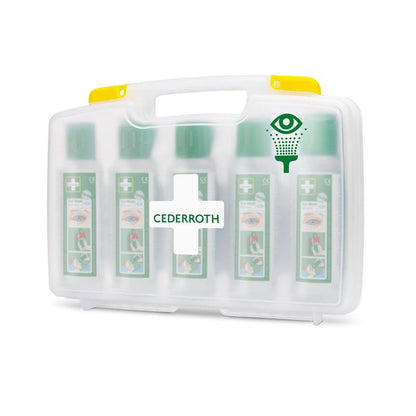 Očná sprcha Cederroth od Orkla Wound Care AB (5x500ml) v prenosnom puzdre, REF 7255, pozostáva z bieleho plastového kufra s rukoväťou, priehľadnou prednou stranou, zeleným krížom a symbolom očnej sprchy, v ktorom sa nachádza päť fliaš.