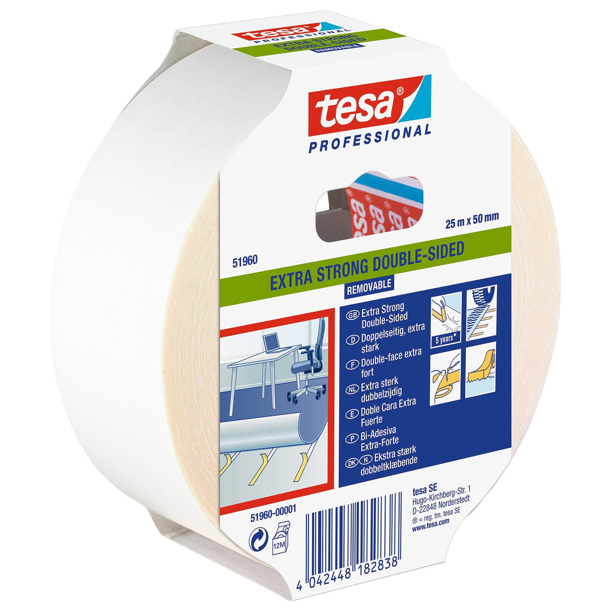 tesa Professional 51960 Profi-Verlegeband, ablösbar, weiß-transluzent, 25 m x 50 mm
