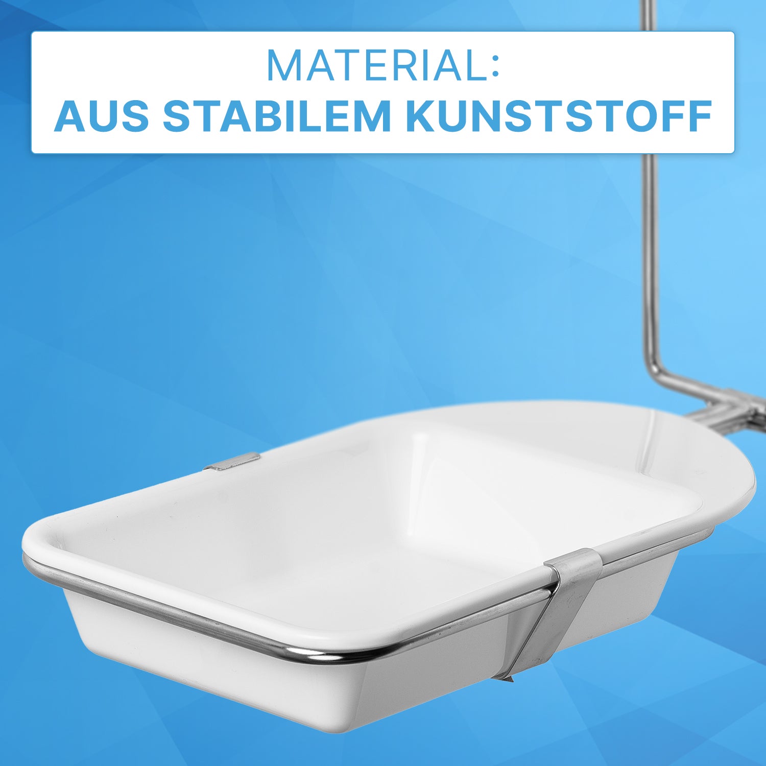 Abgebildet ist ein weißer rechteckiger Kunststoff ARNOMED DISPENSER TROPFSCHALE der ARNOWA GmbH mit Metallkanten und Griff vor blauem Hintergrund. Der Text lautet "Material: Aus stabilem Kunststoff." Ideal für Ihren Seifen- und Desinfektionsmittelspender.