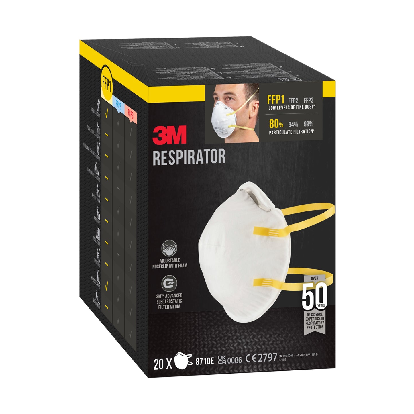 Abgebildet ist eine Schachtel der 3M™ Partikelmaske 8710E, FFP1, ohne Ventil von 3M Deutschland GmbH. Die Vorderseite zeigt die Maske mit gelben Bändern, hebt den FFP1-Schutz hervor und gibt an, dass es 50 Masken pro Karton gibt.