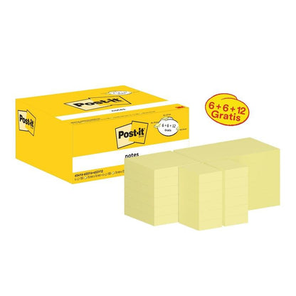 Žltá škatuľka s poznámkami Post-it® Notes od spoločnosti 3M Deutschland GmbH s viacerými stohmi PEFC-certifikovaných lepiacich poznámok z papiera (rôzne veľkosti) ukazuje na bielom pozadí etiketu "12 blokov + 12 zadarmo"; každý blok obsahuje 100 listov, balených v kartónovom obale.