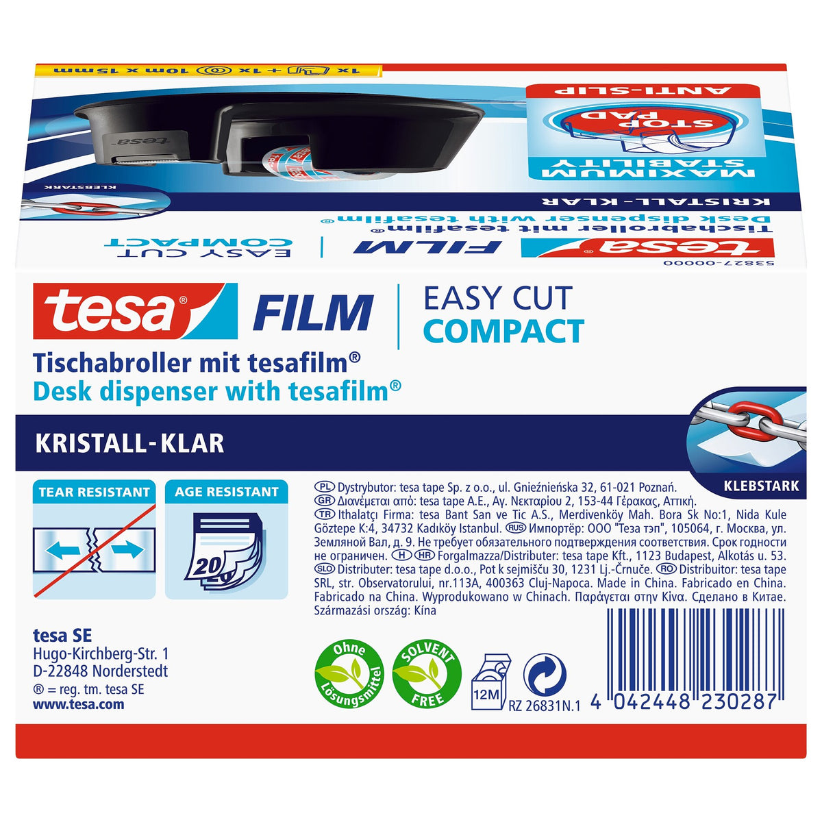tesa Easy Cut Tischabroller Compact, schwarz kristall-klar, 10 m x 15 mm