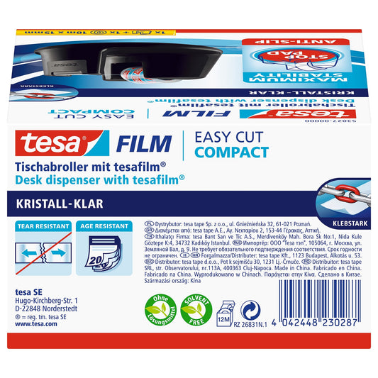 tesa Easy Cut Tischabroller Compact, schwarz kristall-klar, 10 m x 15 mm