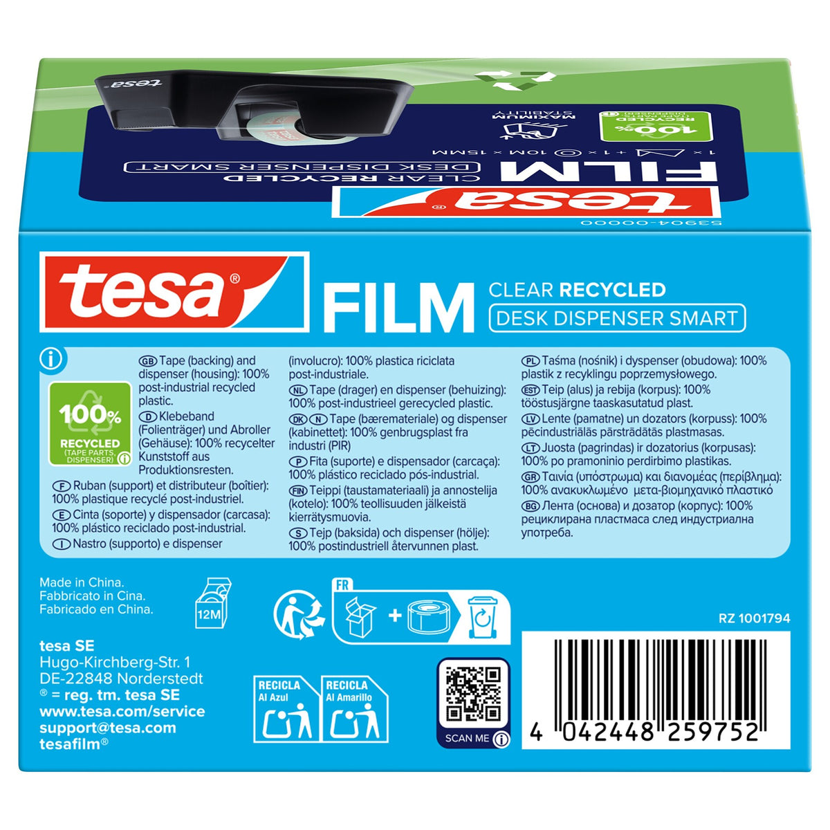tesa DESK DISPENSER SMART RECYCLED Tischabroller mit tesafilm CLEAR RECYCLED, transparent