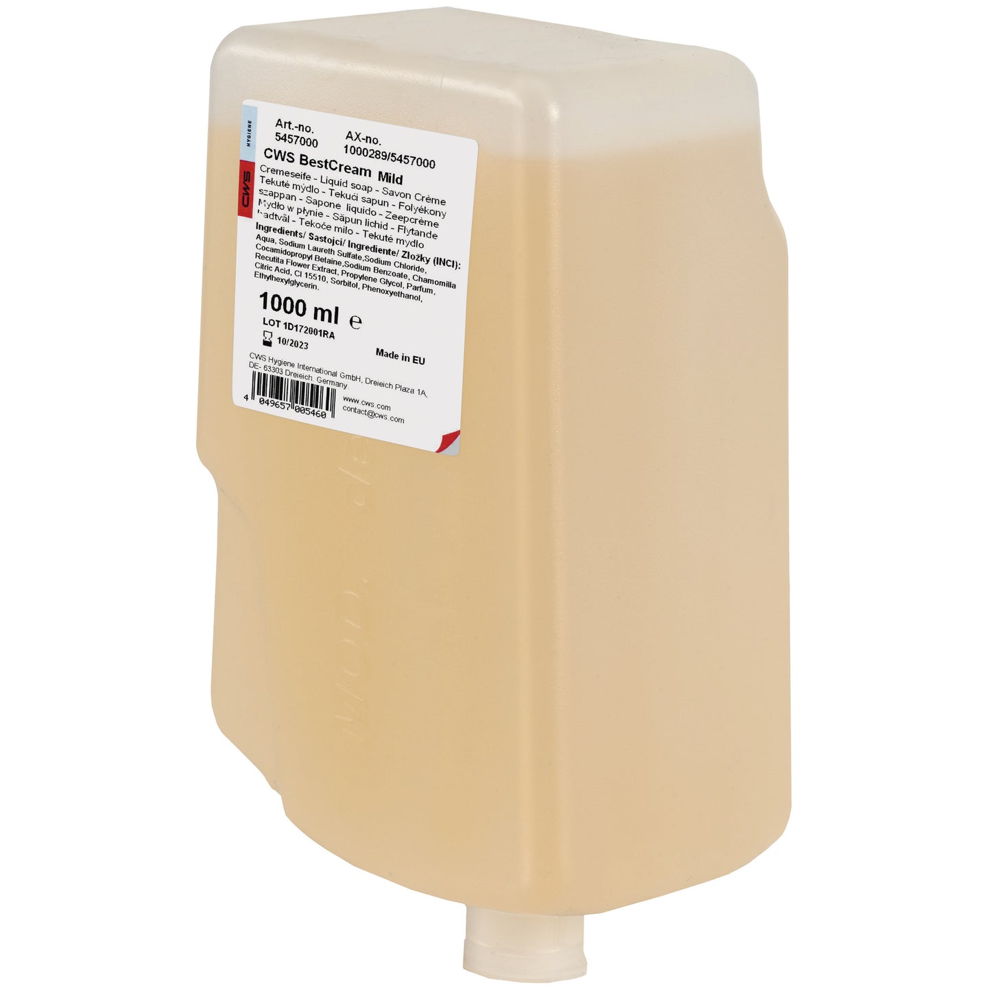 Die durchsichtige, rechteckige Kunststoffflasche CWS Seifencreme BestCream Mild von CWS mit weißem Etikett mit Text und Barcode ist mit gelber Handhygienecreme gefüllt und mit einer Spendertülle am Boden versehen.