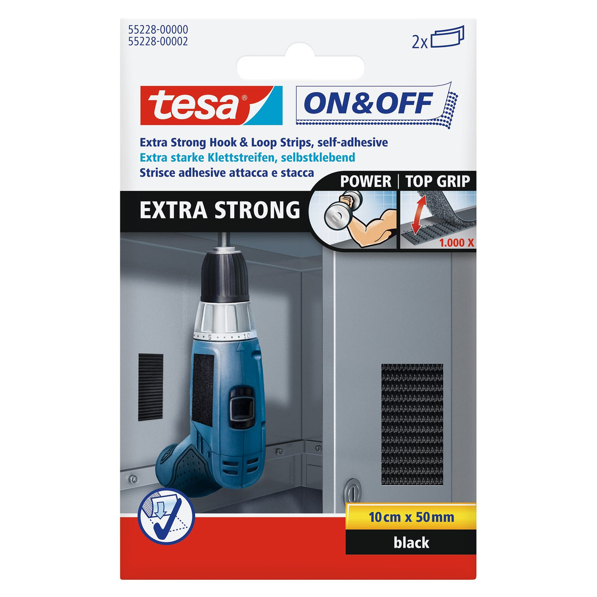 tesa On & Off Extrastarke Klett Klebepads, 0,05 m x 100 mm schwarz