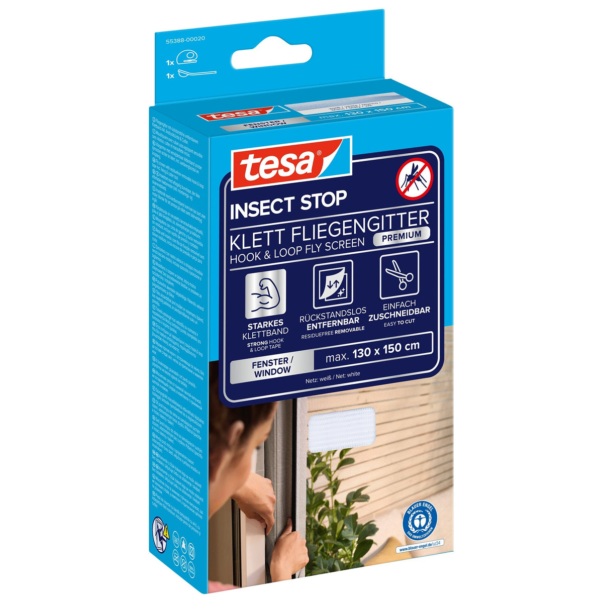 tesa INSECT STOP Klett Fliegengitter Premium für Fenster, weiß 130 x 150 cm