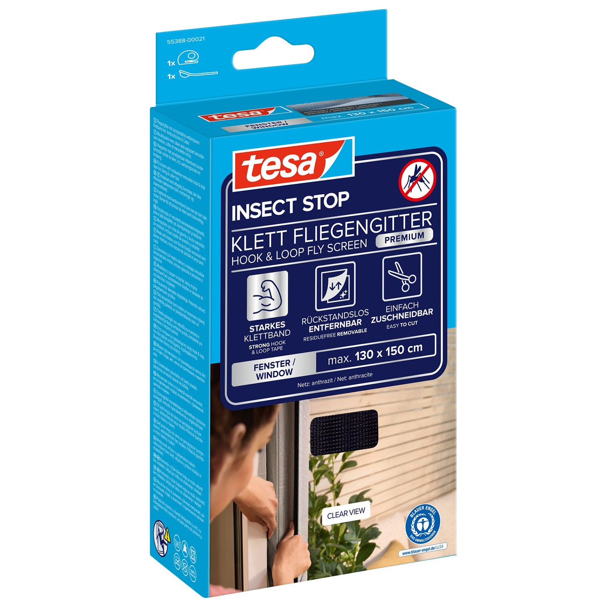 tesa INSECT STOP Klett Fliegengitter Premium für Fenster, anthrazit 130 x 150 cm
