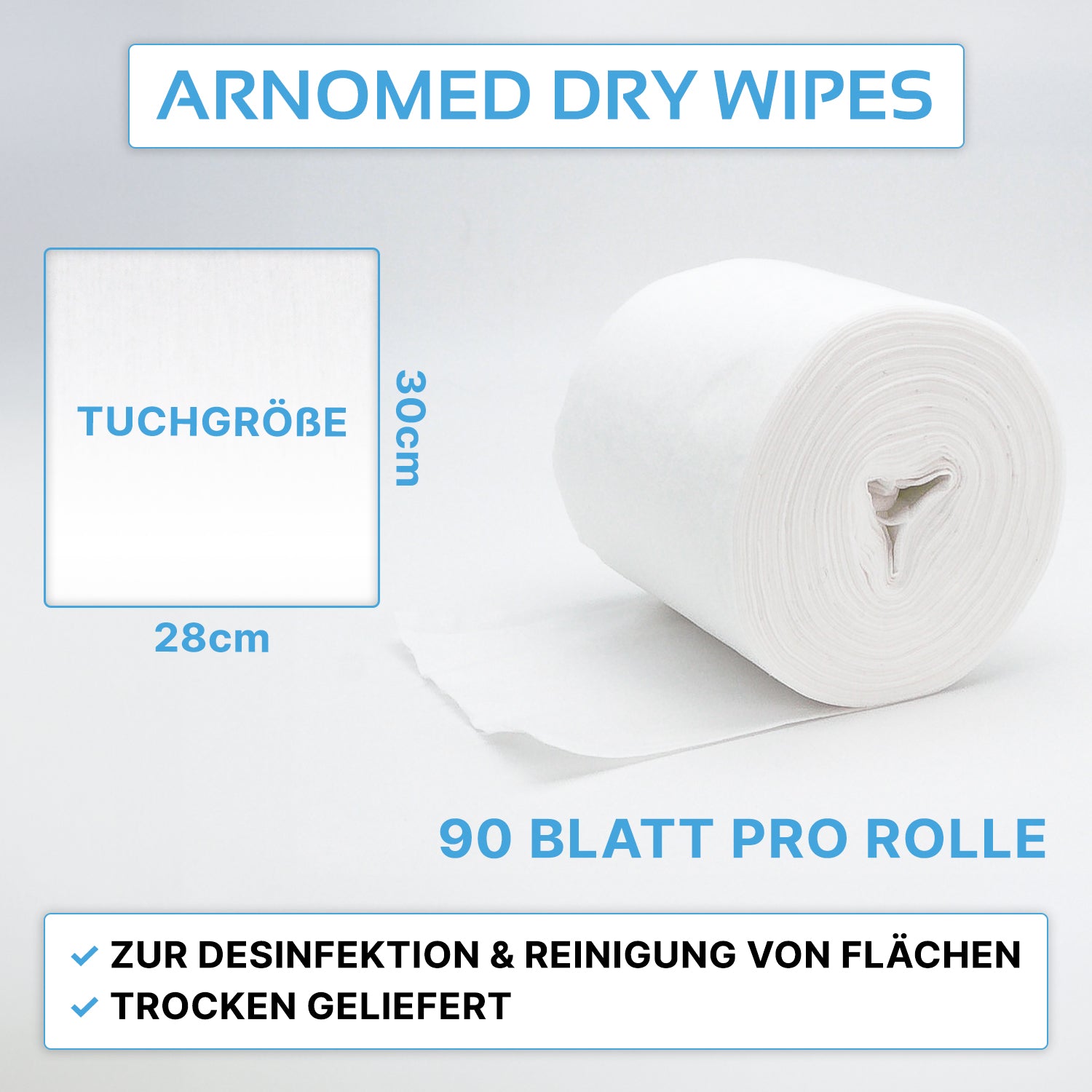 Eine Rolle ARNOMED DRY WIPES der ARNOWA GmbH ist mit einem teilweise abgerollten Blatt abgebildet. Jedes Tuch ist 30 × 28 cm groß; jede Rolle enthält 90 Blätter - ideal zum Tränken mit Desinfektionsmittel für die Oberflächenreinigung und -desinfektion.