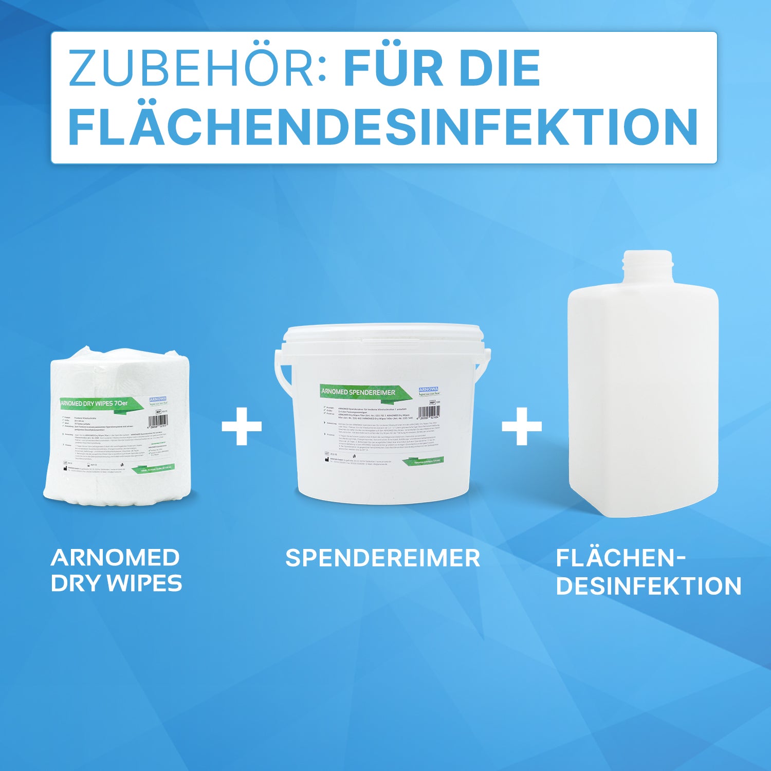 Auf blauem Hintergrund sind drei ARNOMED DRY WIPES Produkte der ARNOWA GmbH abgebildet: eine Rolle Trockentücher, ein Spendereimer und eine weiße Flasche mit der Aufschrift "Flächendesinfektion".
