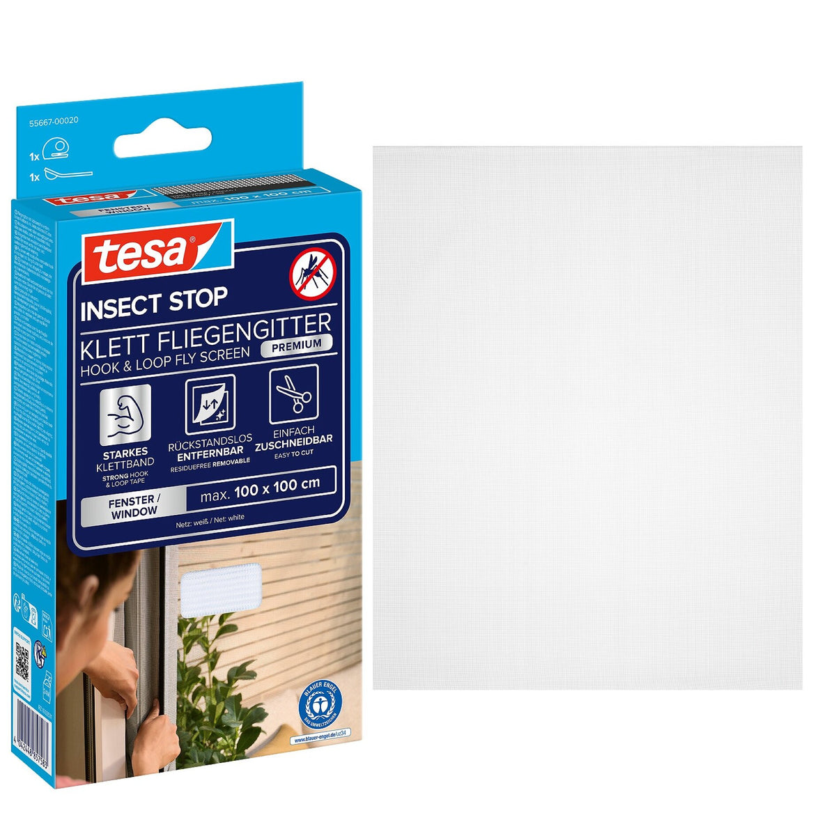 tesa INSECT STOP Klett Fliegengitter Premium für Fenster, weiß 100 x 100 cm