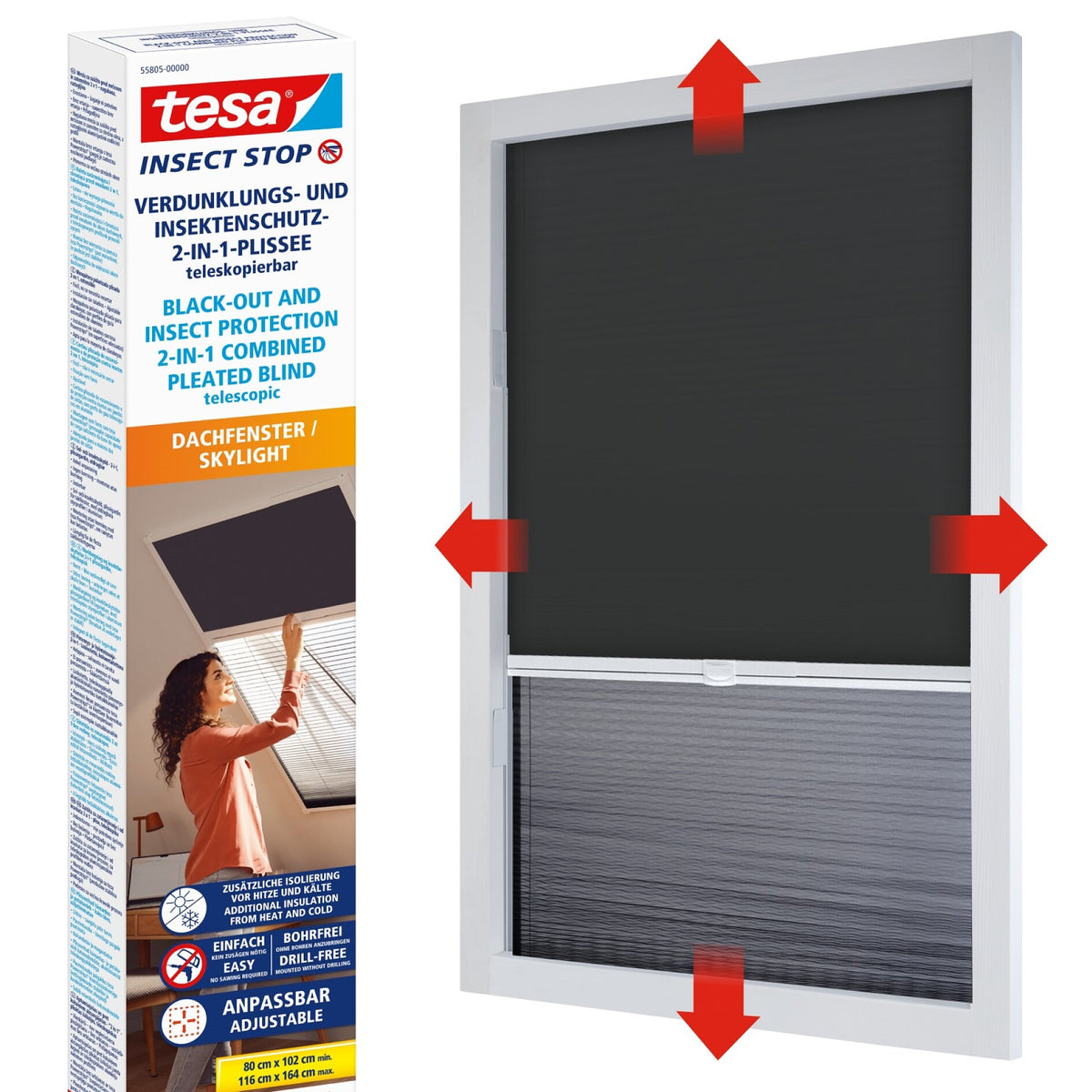 tesa insect-duo-pleated-screen-roof-windows Sonnenschutz, 102 x 164 cm, weiß