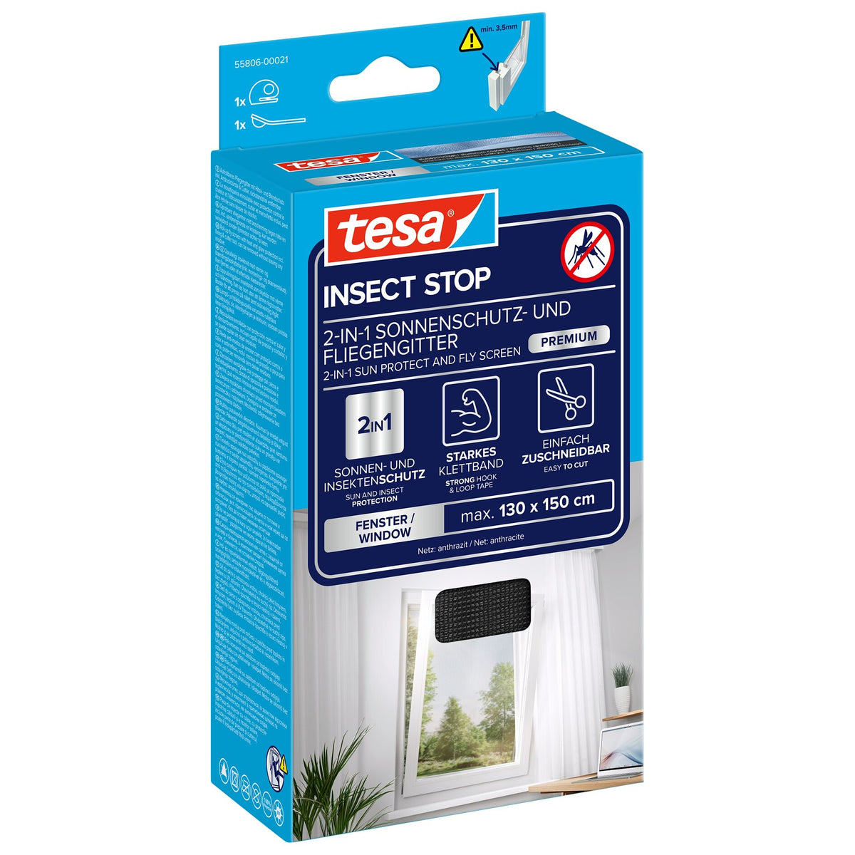 tesa INSECT STOP 2-in-1 Sonnenschutz- und Fliegengitter Premium für Fenster, 130 x 150 cm, schwarz