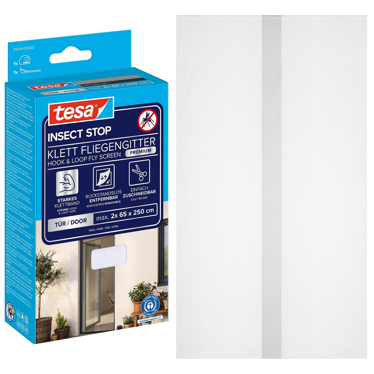 tesa INSECT STOP Klett Fliegengitter Premium für Türen weiß, 65 x 200 cm
