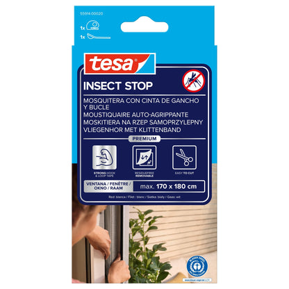 tesa INSECT STOP Klett Fliegengitter Premium für Fenster, weiß 170 x 180 cm
