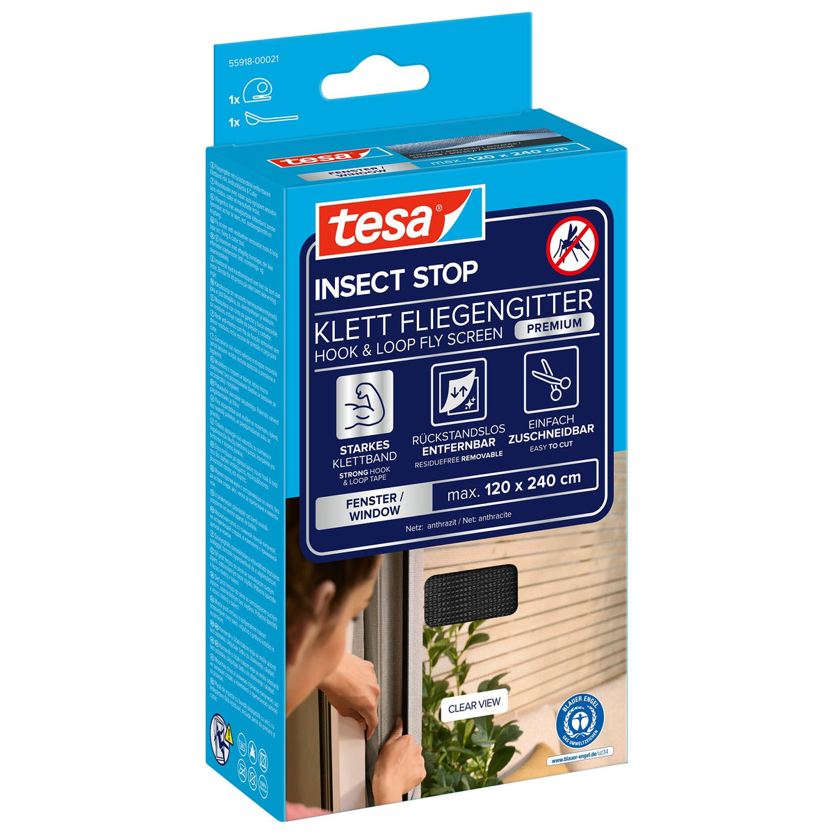 tesa INSECT STOP Klett Fliegengitter Premium für Fenster, anthrazit 120 x 240 cm