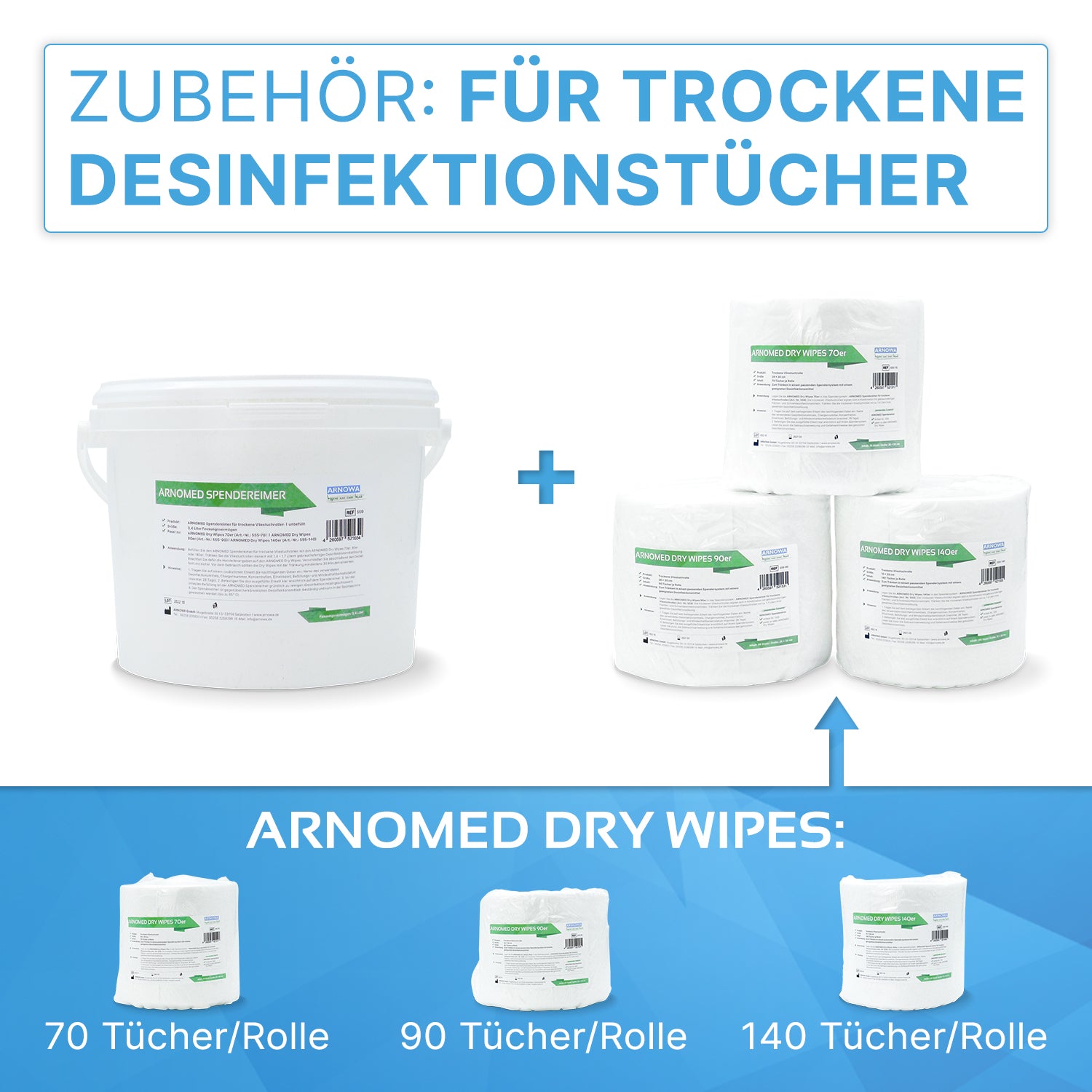 Links: Weißer ARNOMED Spendereimer mit der Aufschrift "Arnomed Sprühcremer" der ARNOWA GmbH. Rechts: Drei ARNOMED Spendereimer für Vliestuchrollen (70, 90, 140 Tücher) - ideal für die Desinfektion.