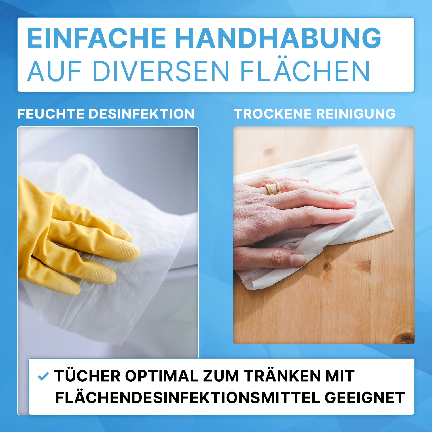 Links: Eine Hand mit gelbem Gummihandschuh nutzt ein feuchtes Tuch aus dem ARNOMED Spendereimer für Vliestuchrollen von ARNOWA GmbH zur Desinfektion; rechts wischt eine bloße Hand mit trockenem Tuch. Text erläutert die Anwendungen.