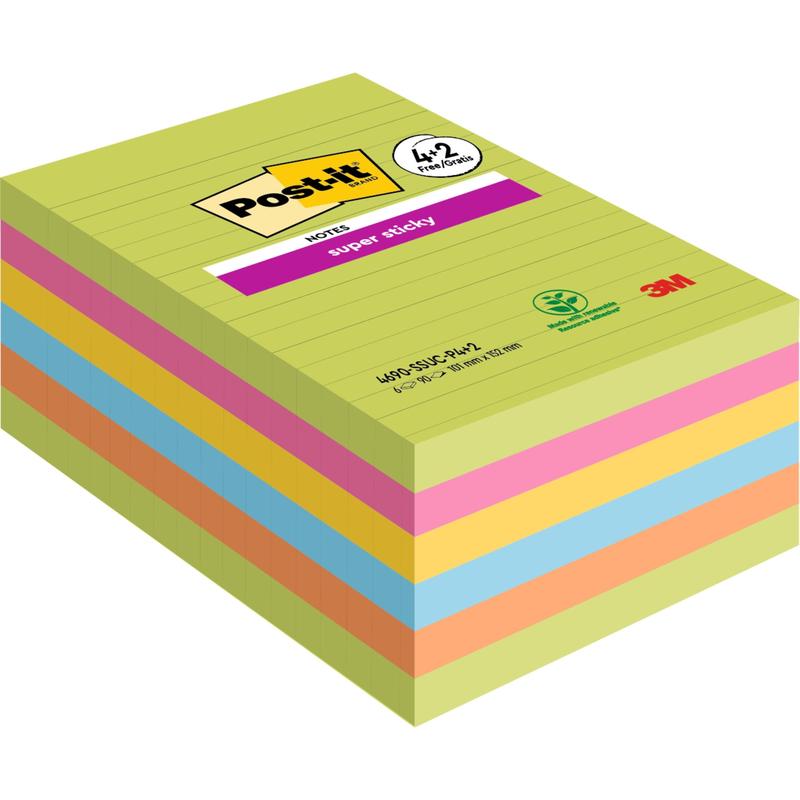 Balenie 3M Post-it® Super Sticky Notes vo veľkom formáte, linajkové, 101 x 152 mm v rôznych farbách (90 listov/blok, 4 bloky + 2 zdarma), lepiace a PEFC-certifikované. Predný list zobrazuje línie s logom Post-it a 3M.