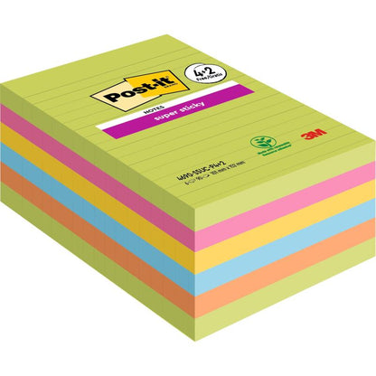 Balenie 3M Post-it® Super Sticky Notes vo veľkom formáte, linajkové, 101 x 152 mm v rôznych farbách (90 listov/blok, 4 bloky + 2 zdarma), lepiace a PEFC-certifikované. Predný list zobrazuje línie s logom Post-it a 3M.