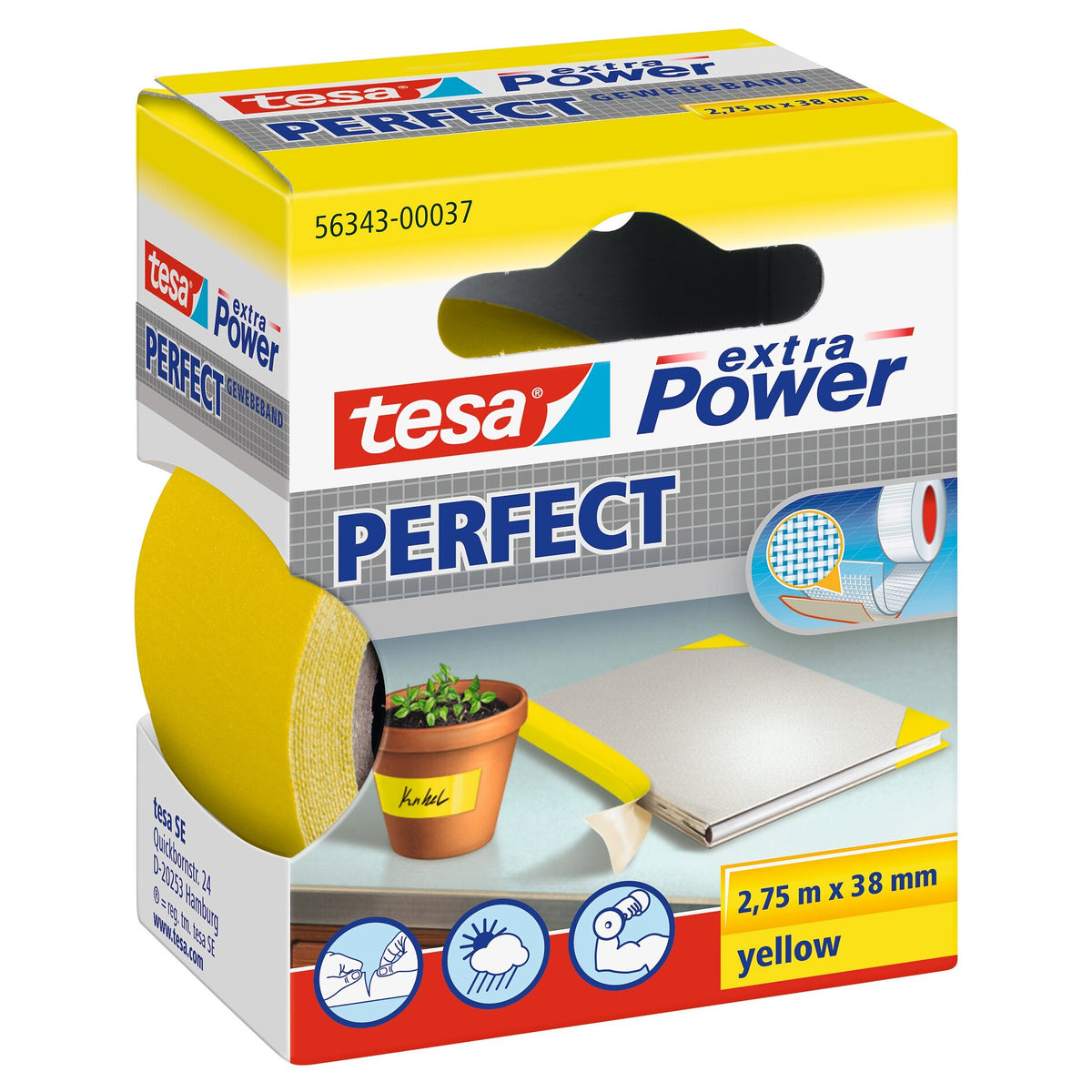 tesa extra Power Perfect Gewebeband gelb, 2,75 m x 38 mm