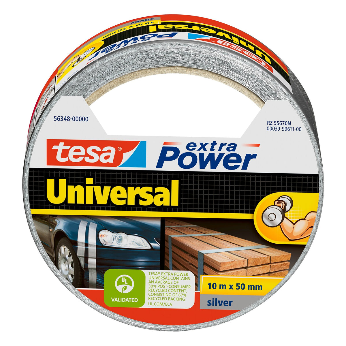 tesa extra Power Universal >60% Recycled Plastic Allzweck-Klebeband silber-grau, 10 m x 50 mm